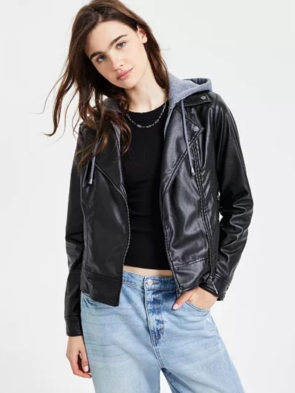 Jou Jou Womens Black Gray Hooded Faux Leather Moto Biker Jacket Size XL
